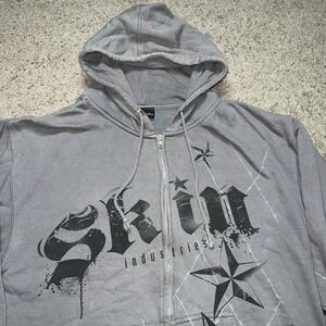 Vintage Y2K‎ Skin Industries Gray Zip Up Skate Hoodie Spell Out LARGE